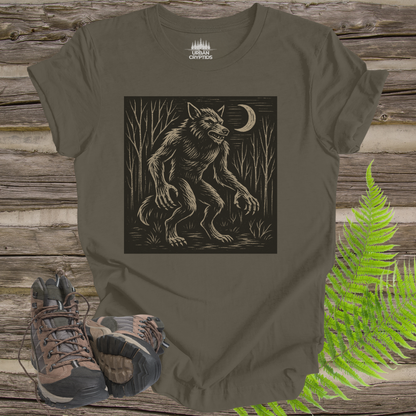Dogman Cryptid T-Shirt – Woodcut Werewolf Forest Creature Tee