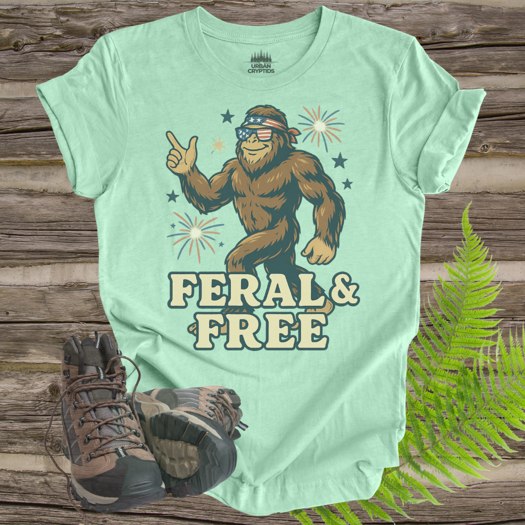 Feral & Free Bigfoot Shirt – Funny Patriotic Cryptid Tee for 4th of July
